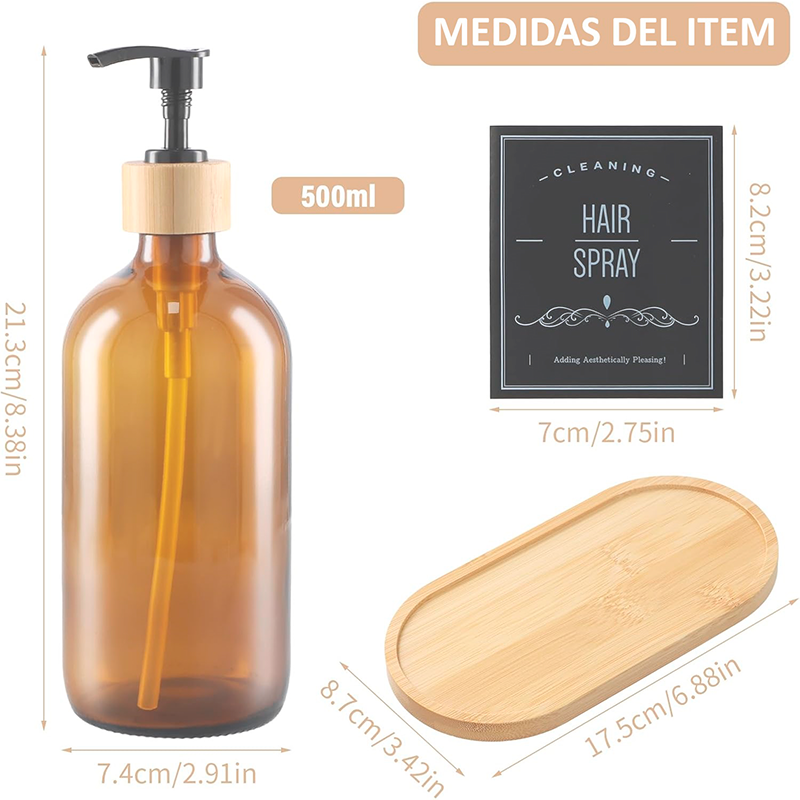 2 Dispensador De Jabon Botella Vidrio Ambar 500 Ml + Bandeja Marrón