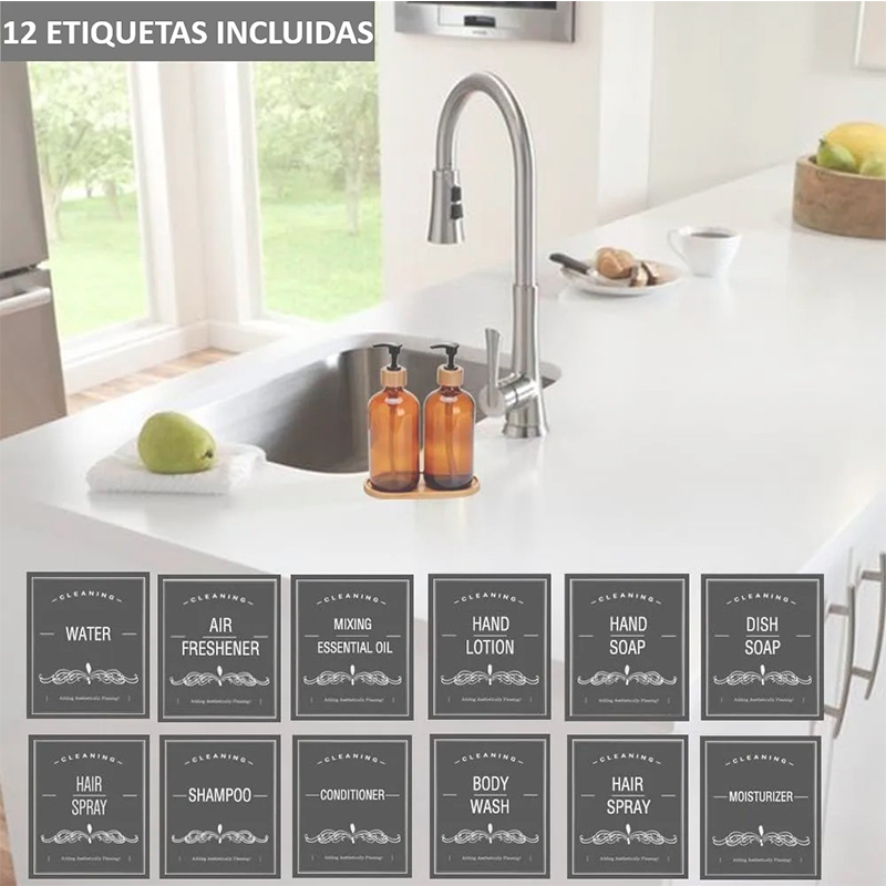2 Dispensador De Jabon Botella Vidrio Ambar 500 Ml + Bandeja Marrón