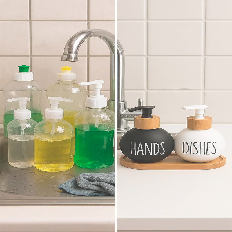 2 Dispensador De Jabon Y Detergente Botella 500 Ml +bandeja Blanco Y Negro