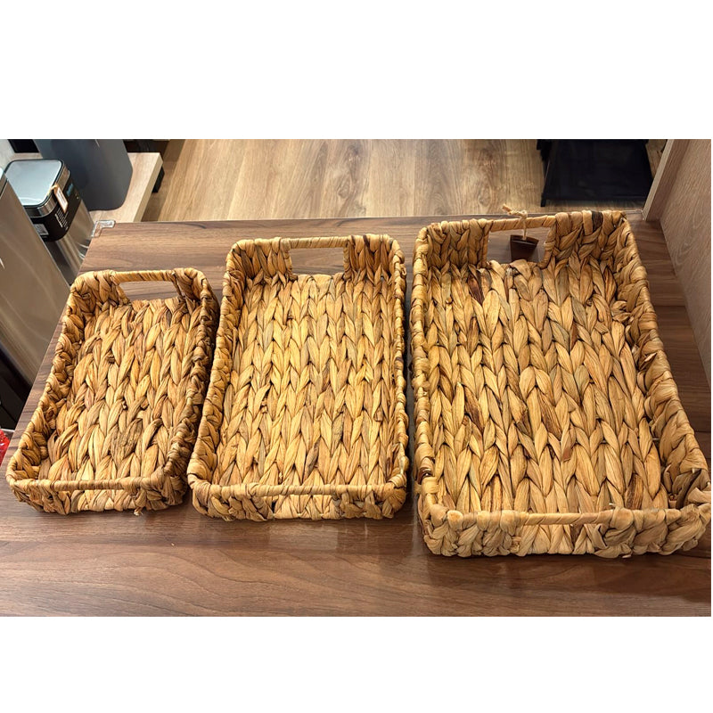 Set 3 Cestas Bajas Bandejas Rectangulares De Almacenamiento Tejidas Cuerda De Yute Marrón
