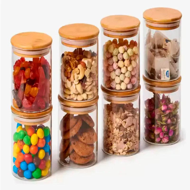 Set 8 Frascos Para Condimentos Vidrio Tapa Bambu + Soporte