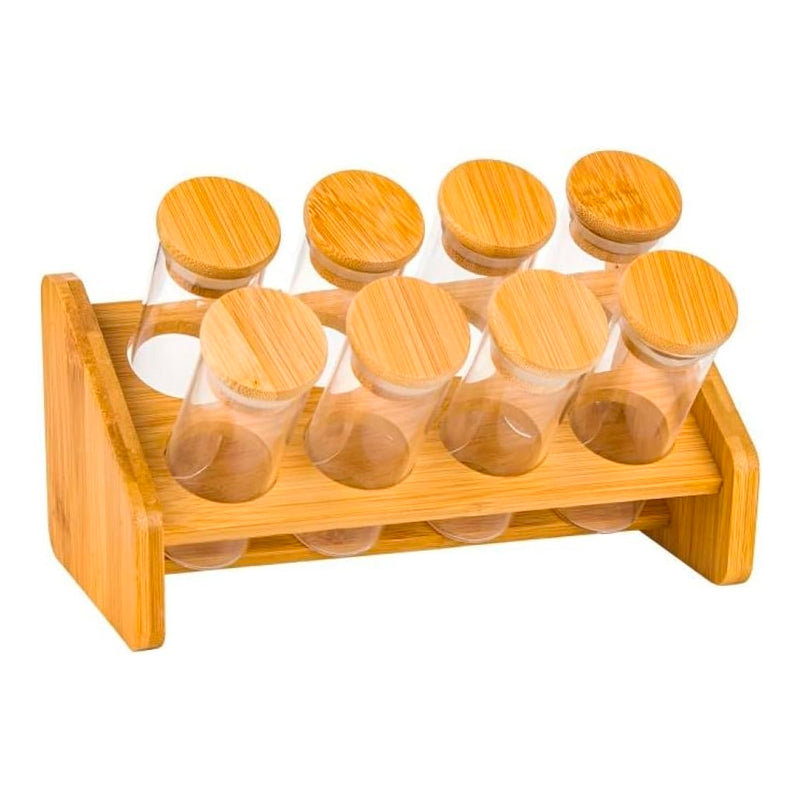 Set 8 Frascos Para Condimentos Vidrio Tapa Bambu + Soporte