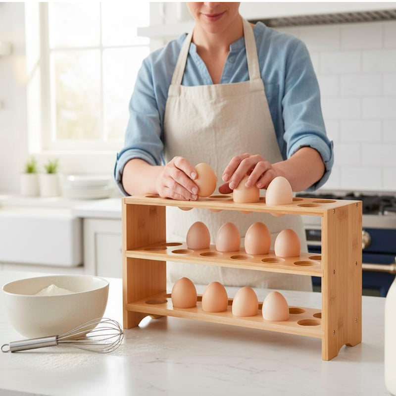 Organizador de Almacenamiento de Huevos 3 Niveles Contenedor de Bambu para Encimera