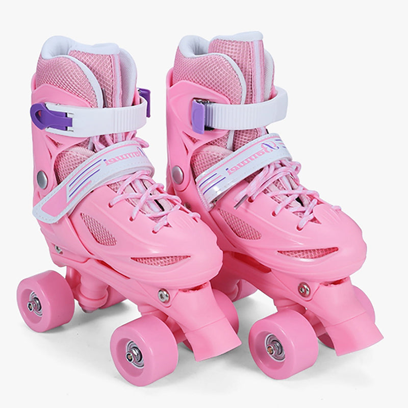 Patines 4 Rueda Rosa Ajustable Para Niña + Kit De Proteccion Rosado