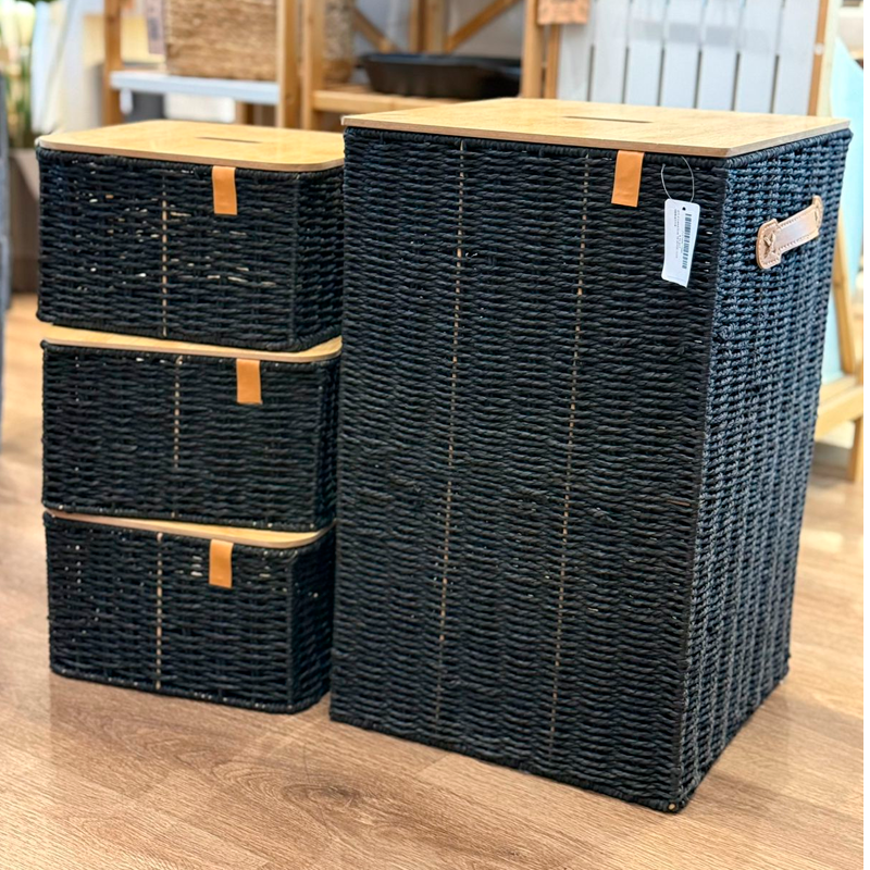 Set de Organizadores Premium 4 Cestas con Tapa de Madera Tejido Artesanal Negro