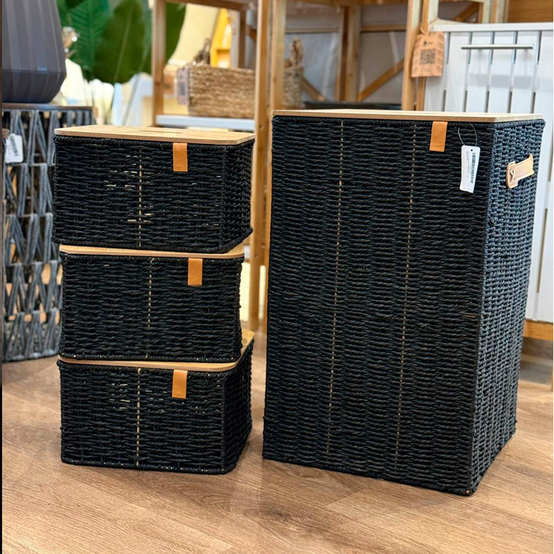 Set de Organizadores Premium 4 Cestas con Tapa de Madera Tejido Artesanal Negro
