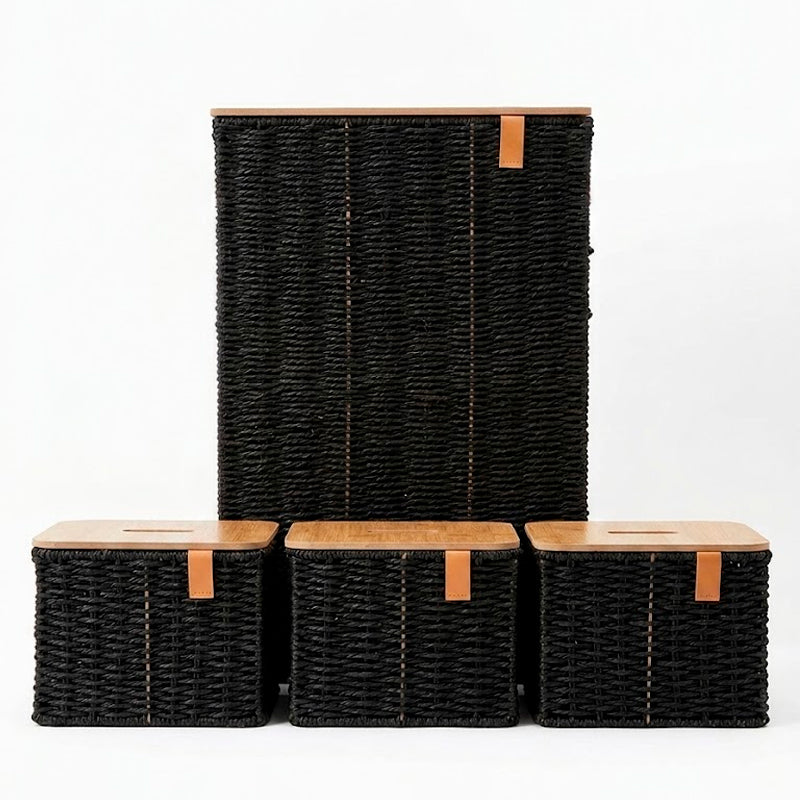 Set de Organizadores Premium 4 Cestas con Tapa de Madera Tejido Artesanal Negro