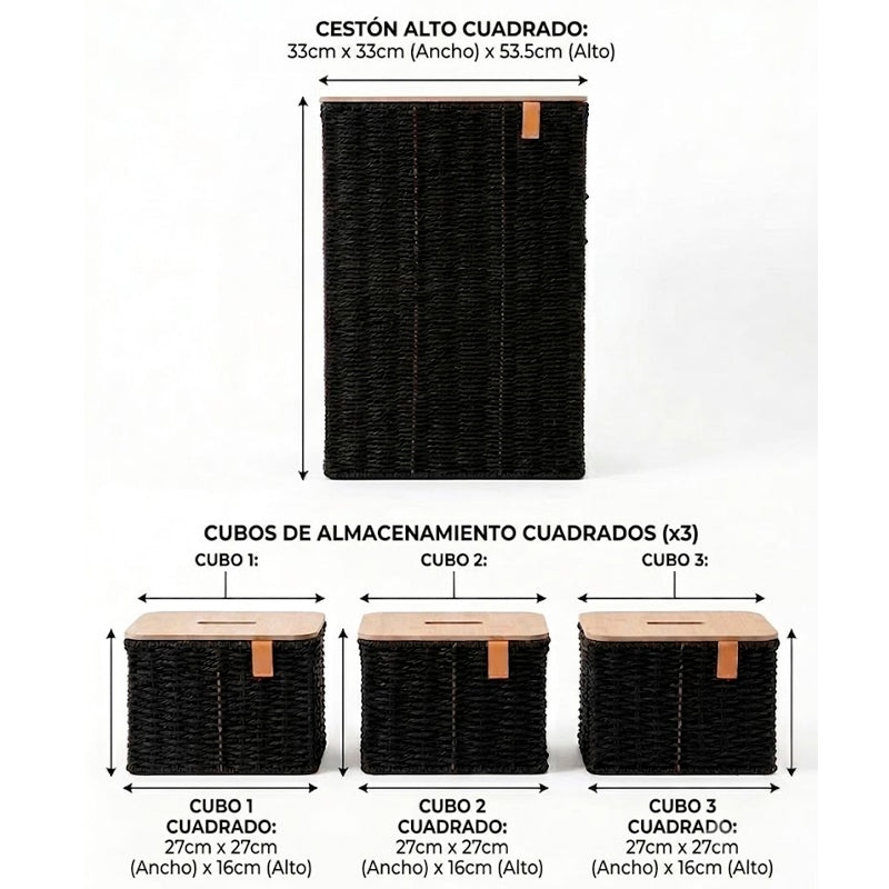 Set de Organizadores Premium 4 Cestas con Tapa de Madera Tejido Artesanal Negro