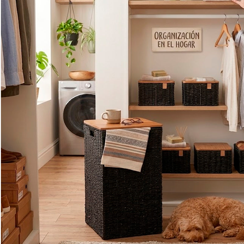 Set de Organizadores Premium 4 Cestas con Tapa de Madera Tejido Artesanal Negro