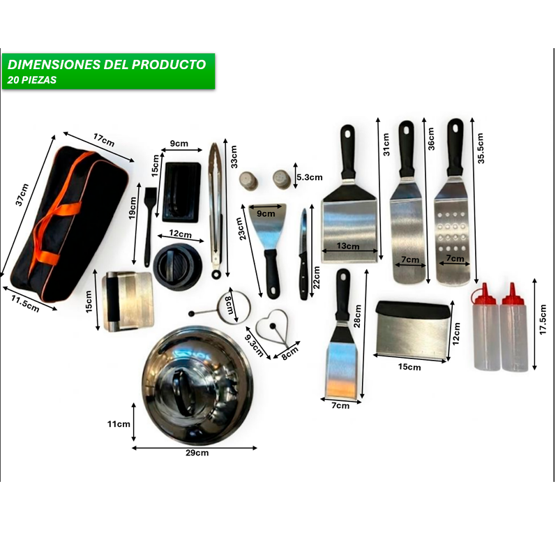 Kit 20 Accesorios para Plancha Juego de Herramientas Teppanyaki Acero Inoxidable para Cocina Camping