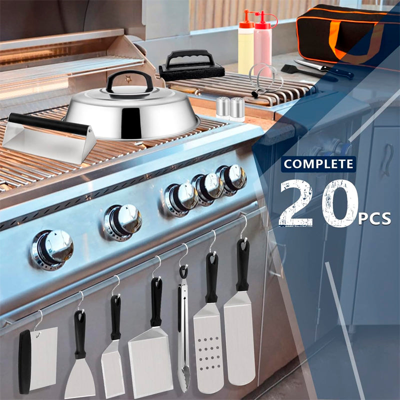 Kit 20 Accesorios para Plancha Juego de Herramientas Teppanyaki Acero Inoxidable para Cocina Camping