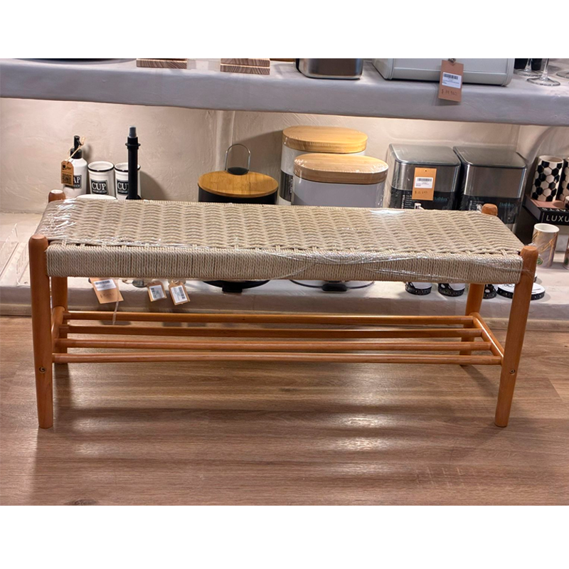 Banco de Zapatos de Madera y  Ratán Taburete Vintage Multifuncional