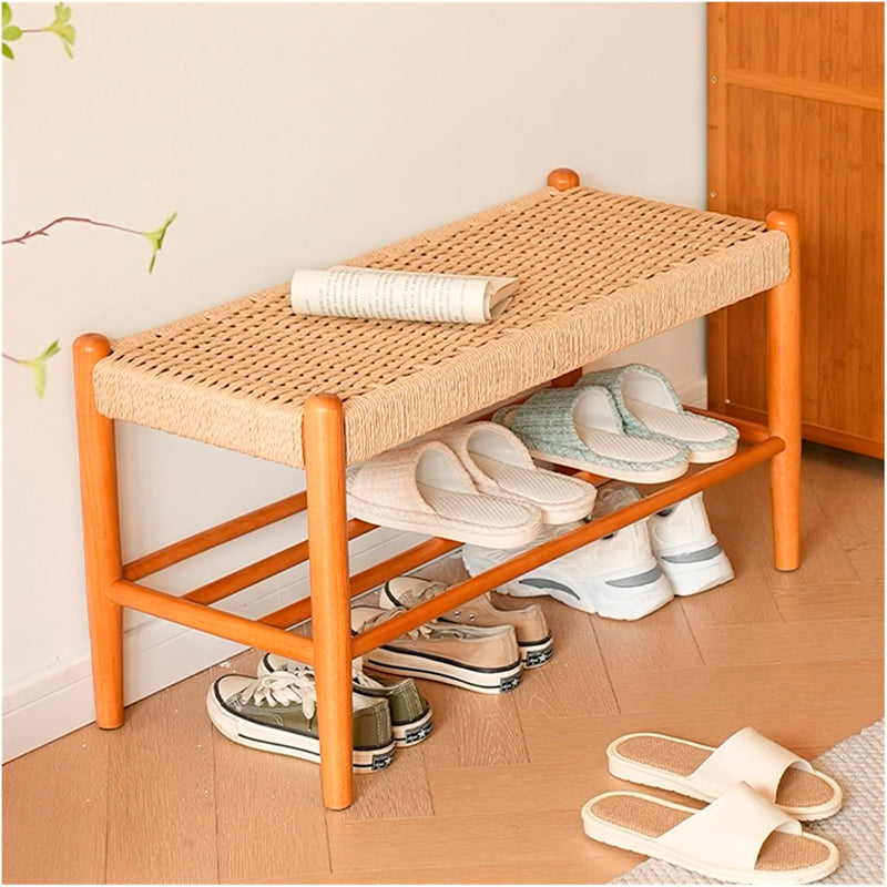 Banco de Zapatos de Madera y  Ratán Taburete Vintage Multifuncional