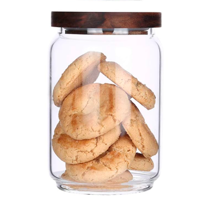 Recipiente de Almacenamiento de Vidrio Hermético Frasco de Alimentos con Tapa de Madera 650ml