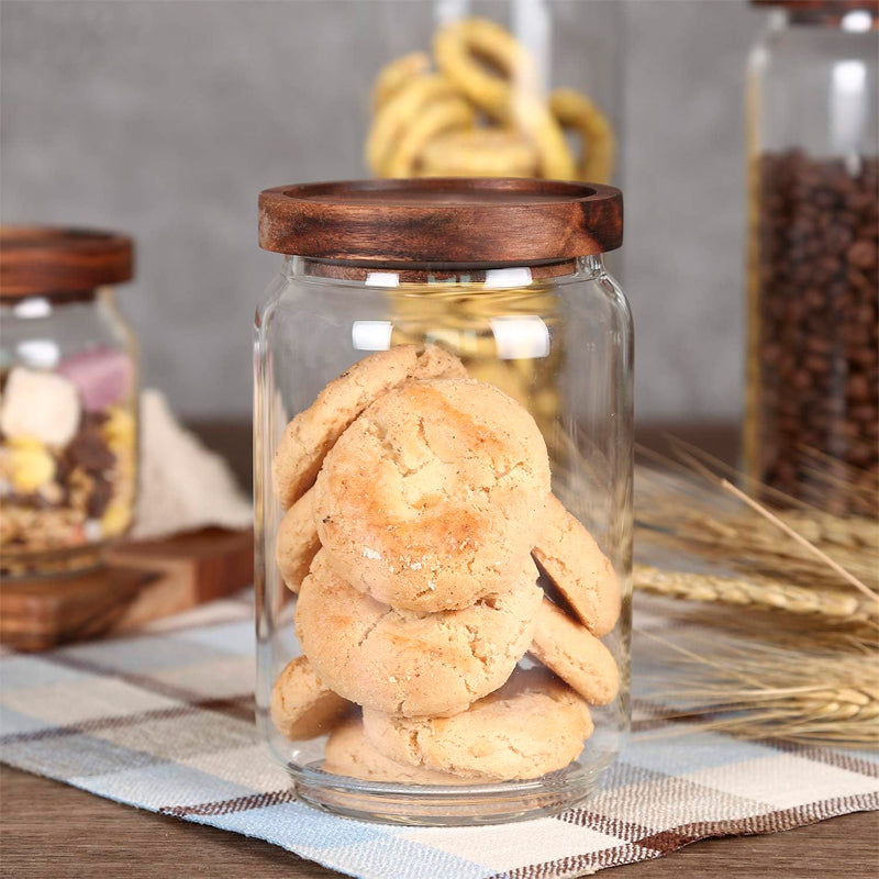Recipiente de Almacenamiento de Vidrio Hermético Frasco de Alimentos con Tapa de Madera 650ml