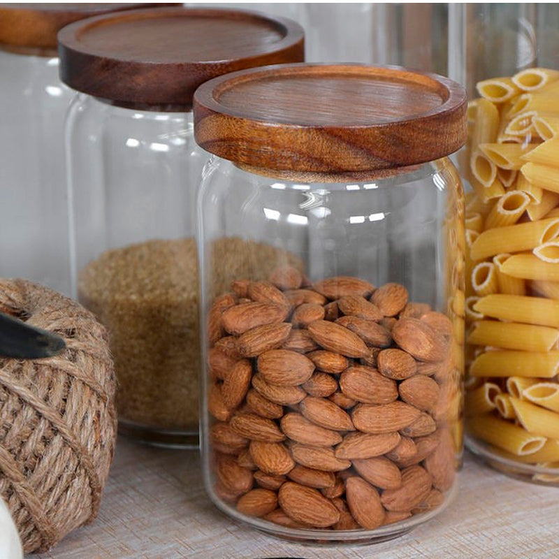 Recipiente de Almacenamiento de Vidrio Hermético Frasco de Alimentos con Tapa de Madera 650ml