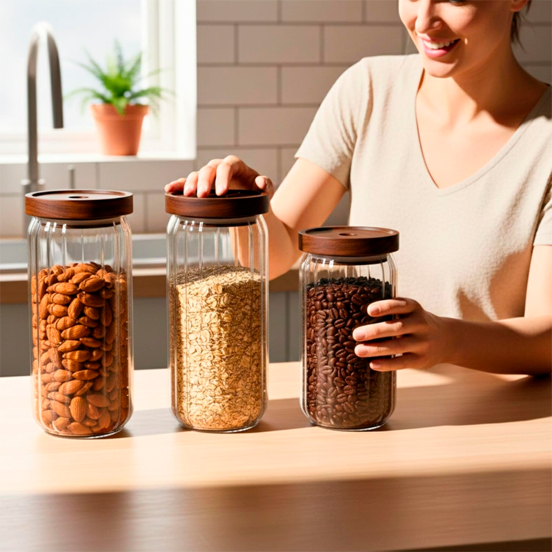 Recipiente de Almacenamiento de Vidrio en Relieve Frasco Hermético de Alimentos con Tapa de Madera