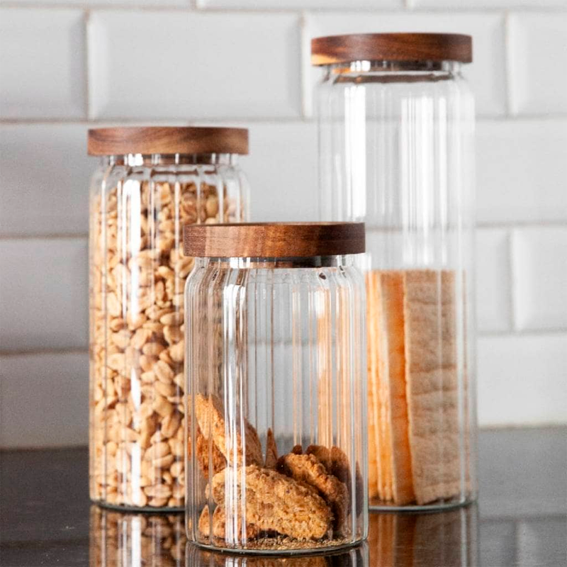 Recipiente de Almacenamiento de Vidrio en Relieve Frasco Hermético de Alimentos con Tapa de Madera