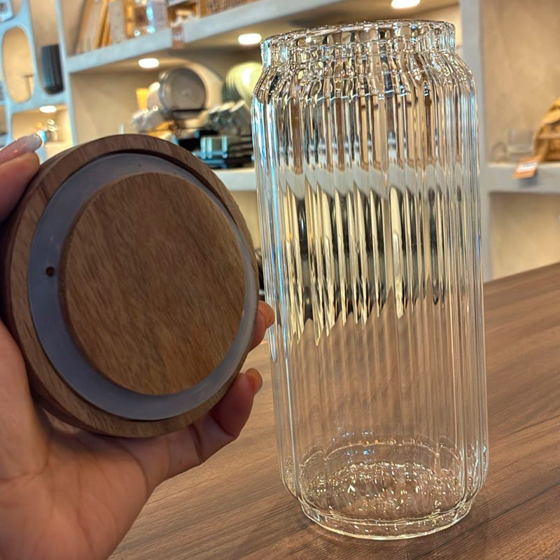 Recipiente de Almacenamiento de Vidrio en Relieve Frasco Hermético de Alimentos con Tapa de Madera