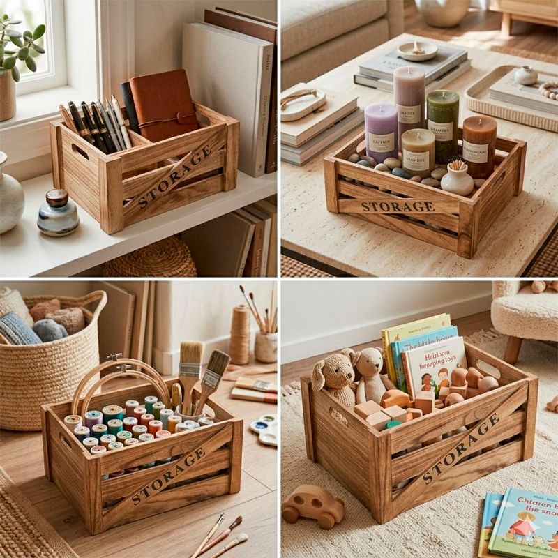 Set 4 Canastos Rusticos De Madera Organizadores Decorativos
