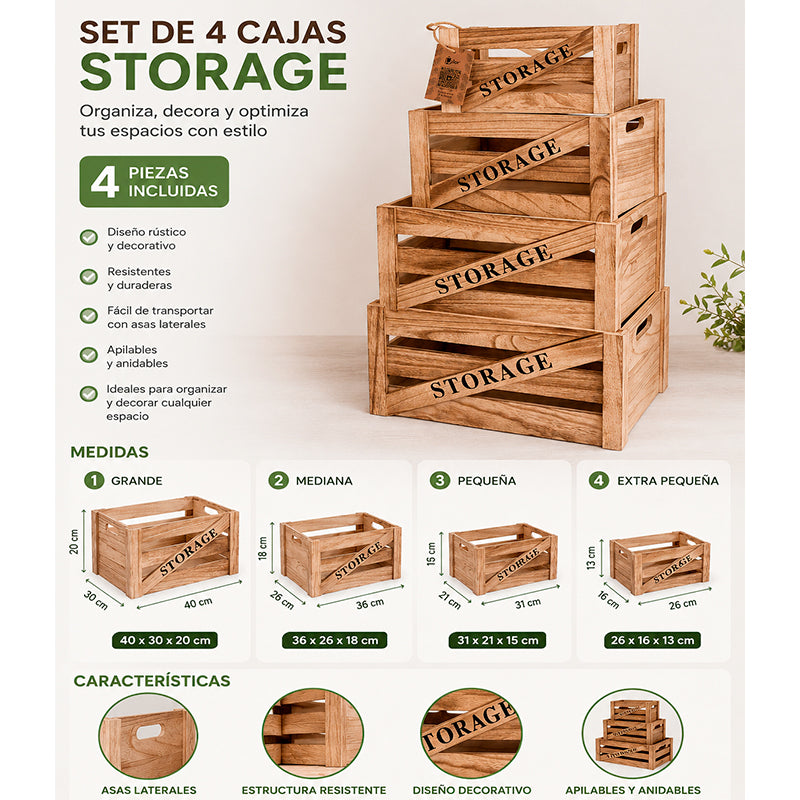 Set 4 Canastos Rusticos De Madera Organizadores Decorativos