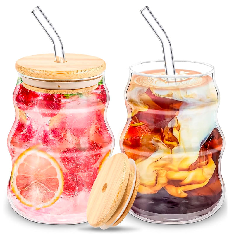 Vaso de Vidrio Ondulado con Tapa de Bambú y Bombilla 400ml