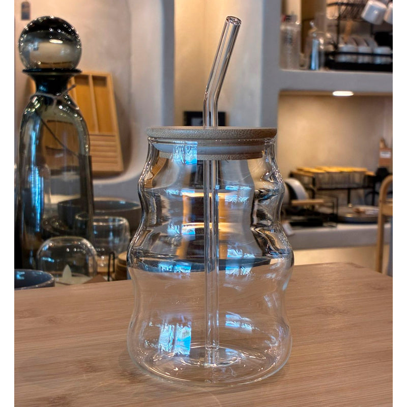 Vaso de Vidrio Ondulado con Tapa de Bambú y Bombilla 400ml
