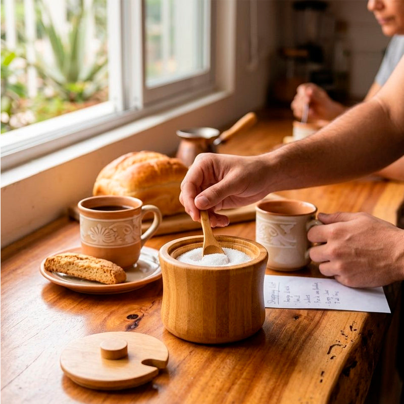 Tarro Azucarero De Bambú Con Tapa Y Cuchara Para Cocina