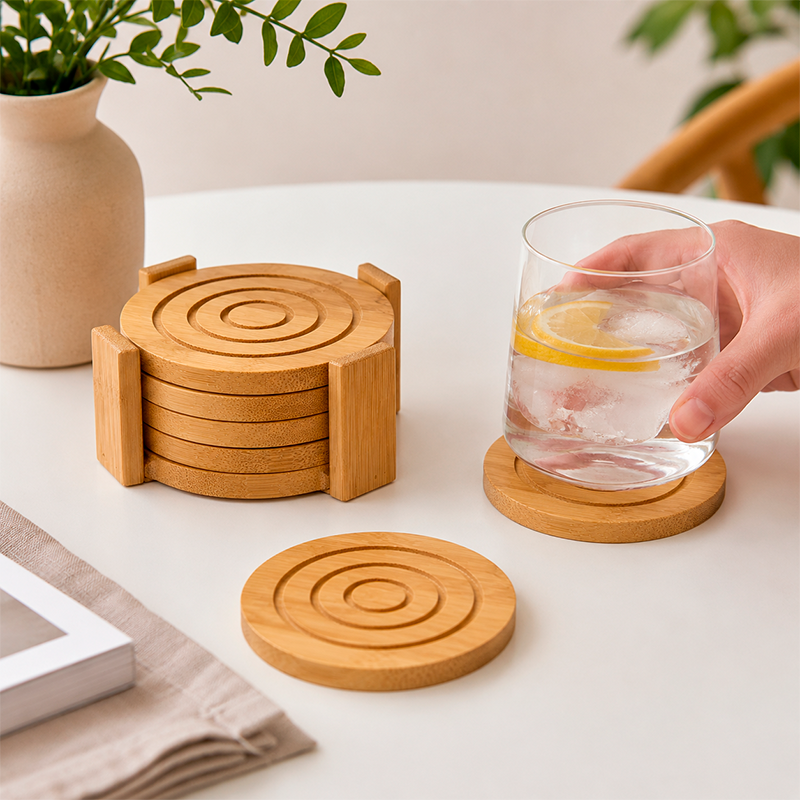 Juego De 6 Posavasos De Bambú Con Base Tapete Para Bebida