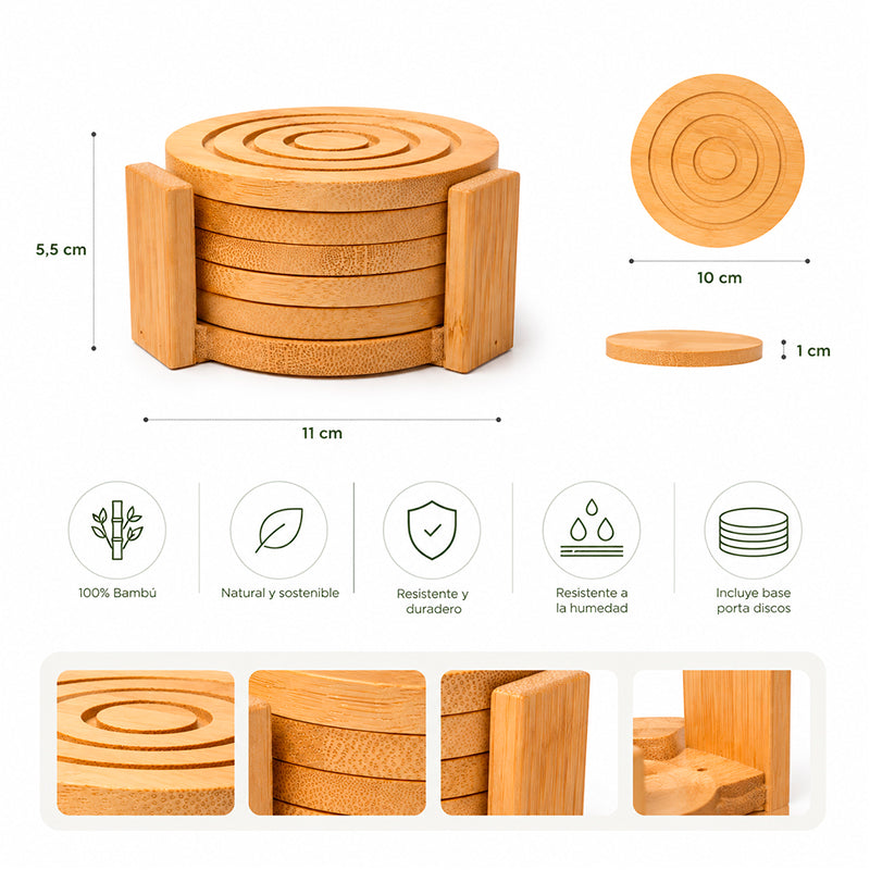 Juego De 6 Posavasos De Bambú Con Base Tapete Para Bebida