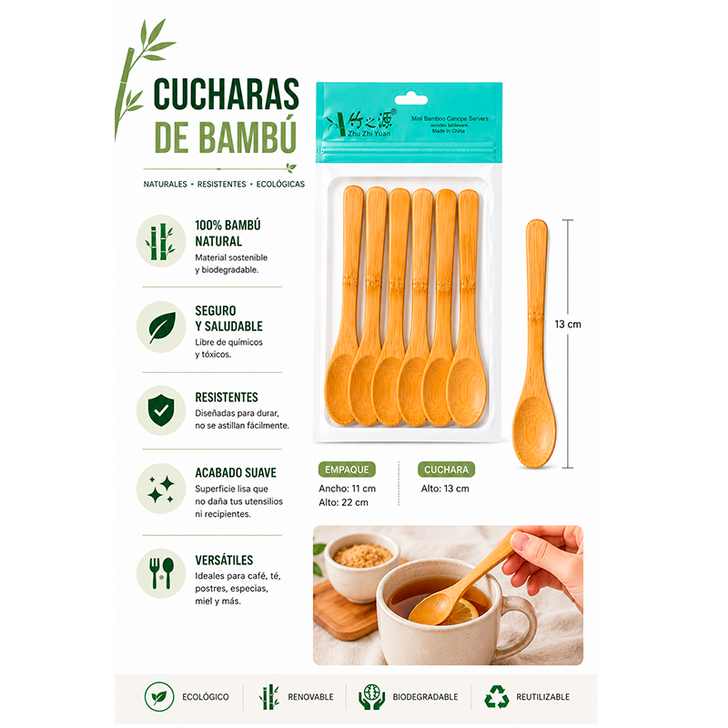 Set 6 Cucharas Bambu Natural Reutilizable Cucharita Salsas