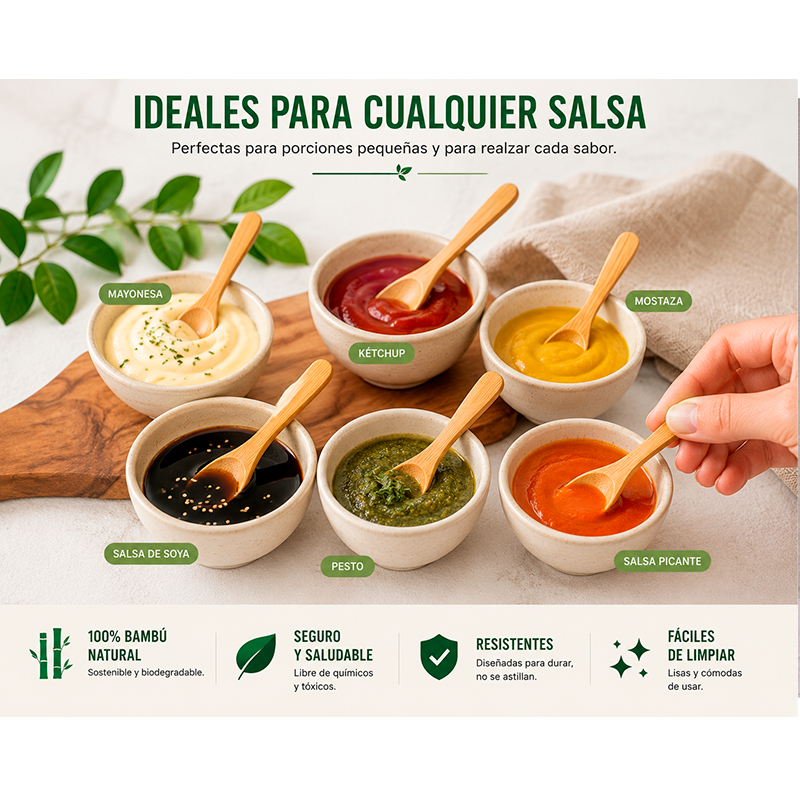 Set 6 Cucharas Bambu Natural Reutilizable Cucharita Salsas
