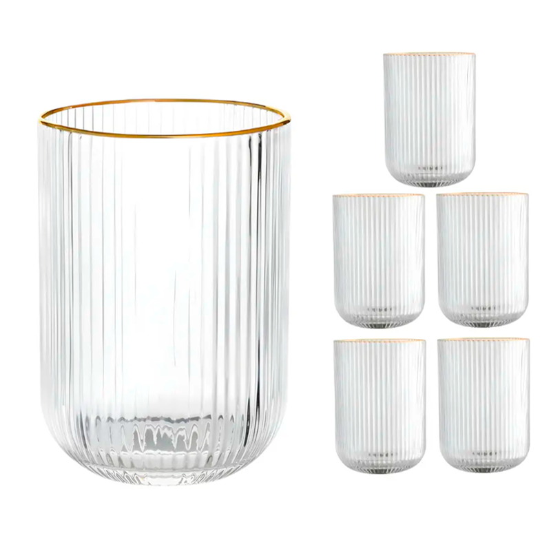 Set 6 Vasos Vidrio Borde Dorado Vaso Whiskero Acanalado 390ml Transparente