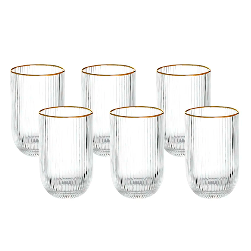 Set 6 Vasos Vidrio Borde Dorado Vaso Whiskero Acanalado 390ml Transparente
