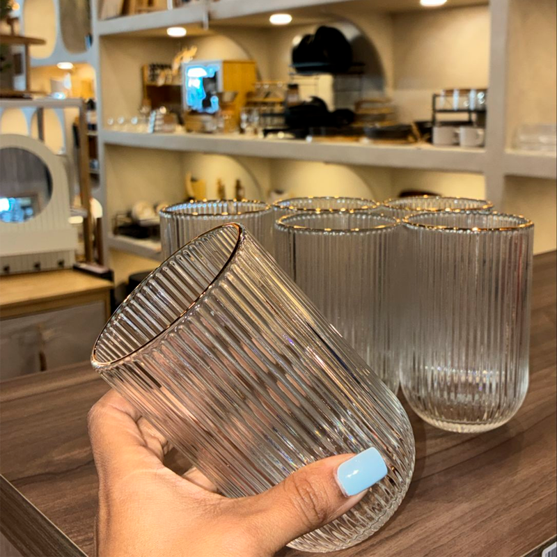 Set 6 Vasos Vidrio Borde Dorado Vaso Whiskero Acanalado 390ml Transparente