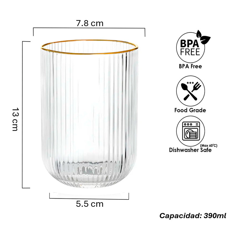 Set 6 Vasos Vidrio Borde Dorado Vaso Whiskero Acanalado 390ml Transparente