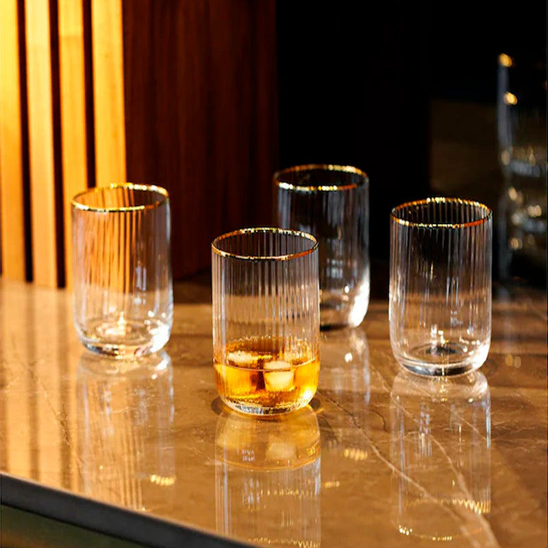 Set 6 Vasos Vidrio Borde Dorado Vaso Whiskero Acanalado 390ml Transparente