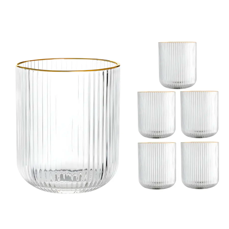 Set 6 Vasos Vidrio Borde Dorado Vaso Whiskero Acanalado 250ml Transparente