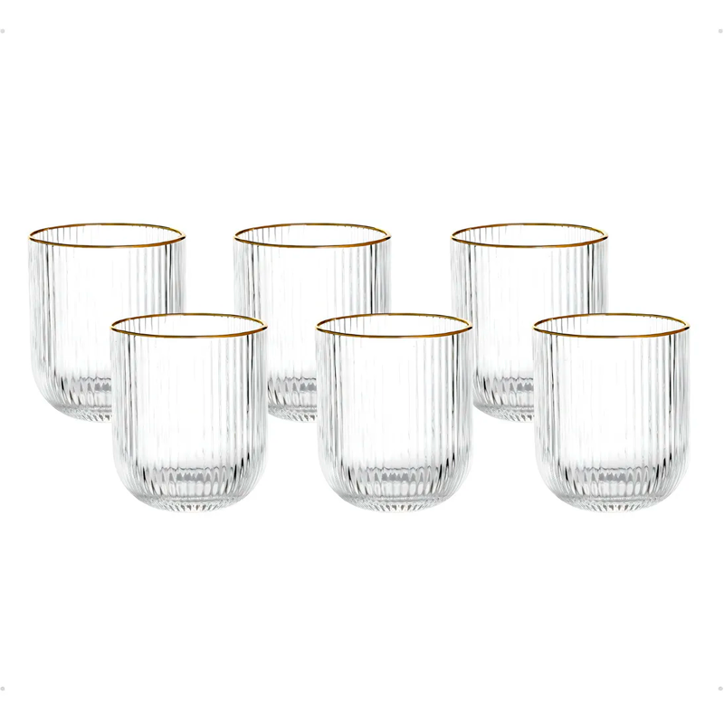 Set 6 Vasos Vidrio Borde Dorado Vaso Whiskero Acanalado 250ml Transparente