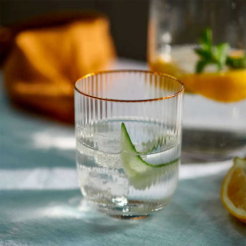 Set 6 Vasos Vidrio Borde Dorado Vaso Whiskero Acanalado 250ml Transparente