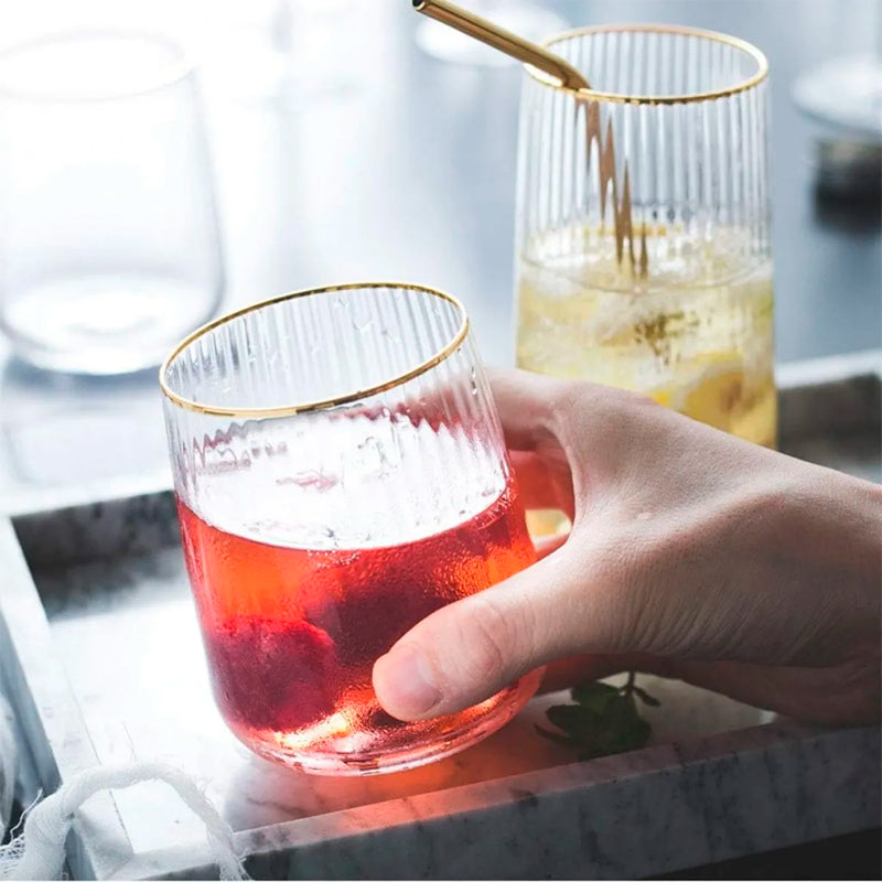 Set 6 Vasos Vidrio Borde Dorado Vaso Whiskero Acanalado 250ml Transparente