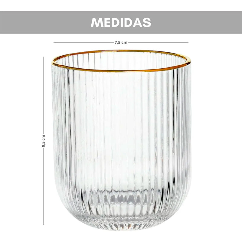 Set 6 Vasos Vidrio Borde Dorado Vaso Whiskero Acanalado 250ml Transparente