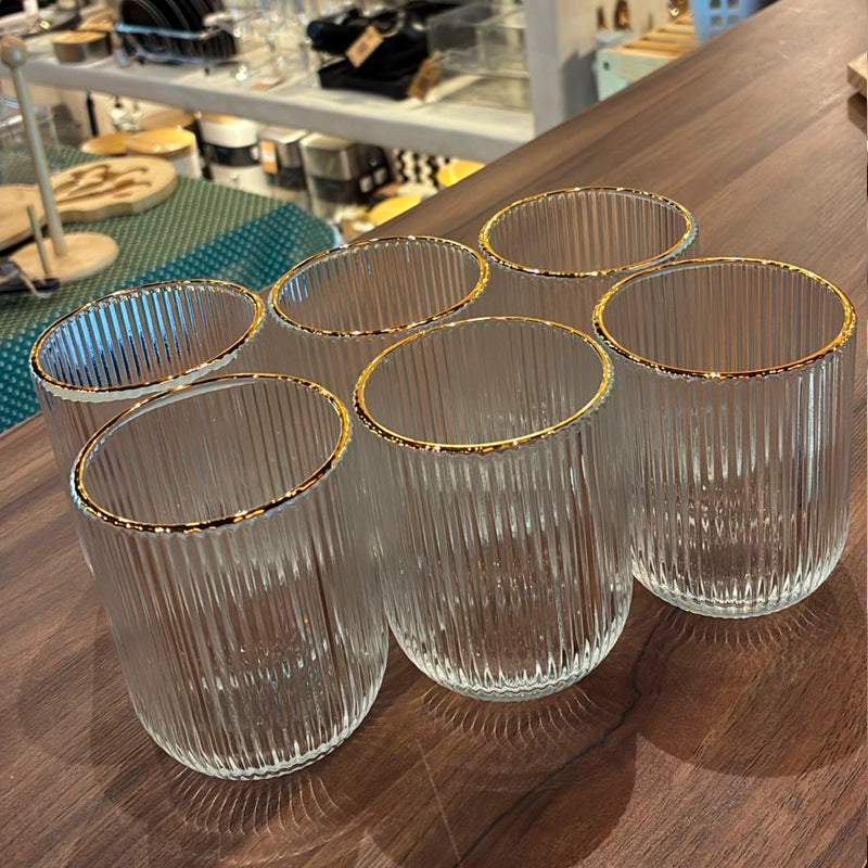 Set 6 Vasos Vidrio Borde Dorado Vaso Whiskero Acanalado 250ml Transparente