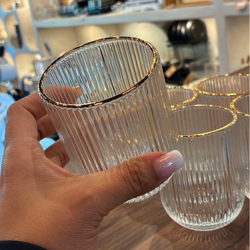 Set 6 Vasos Vidrio Borde Dorado Vaso Whiskero Acanalado 250ml Transparente