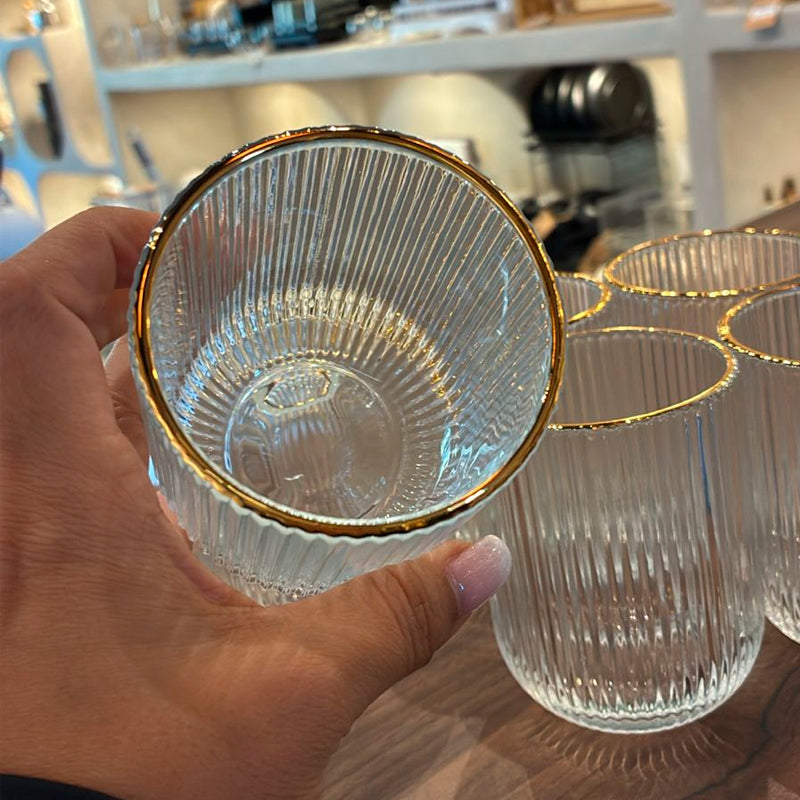 Set 6 Vasos Vidrio Borde Dorado Vaso Whiskero Acanalado 250ml Transparente