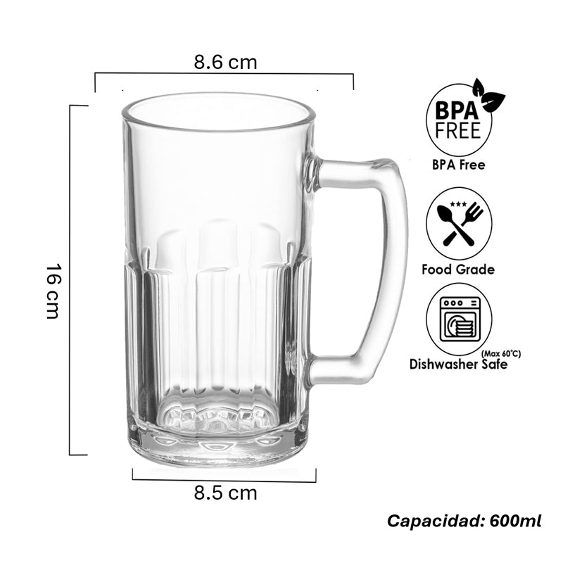 Pack 2 Vaso Cervecero Grande con Asa Jarra Cerveza 600ml