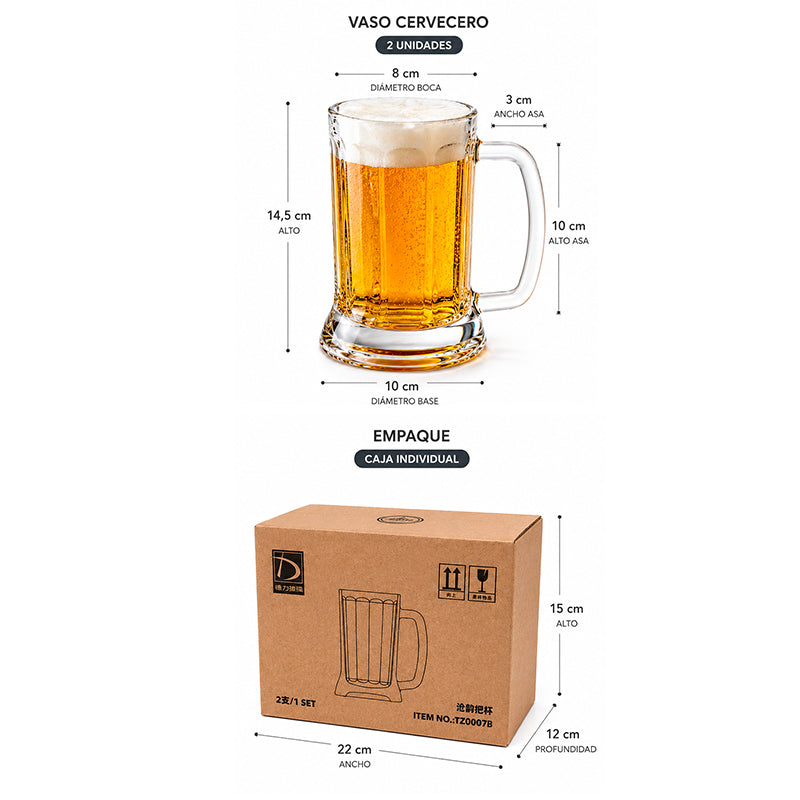 Pack 2 Vasos Cerveceros De Vidrio 500ml 2 De Jarra Cerveza