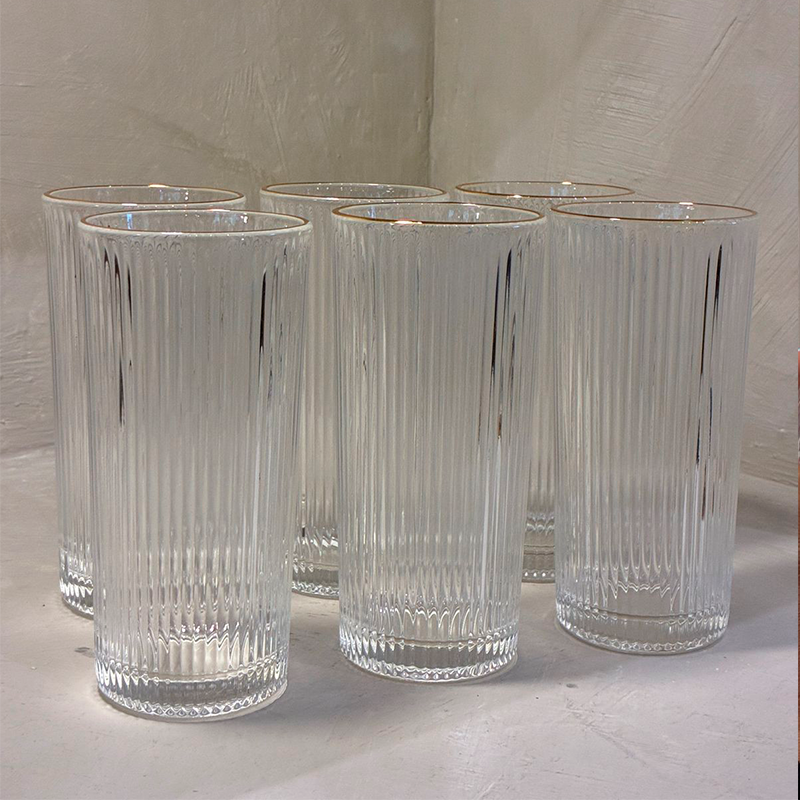 6 Vasos Vidrio Acanalado Borde Dorado 335ml Para Bebidas