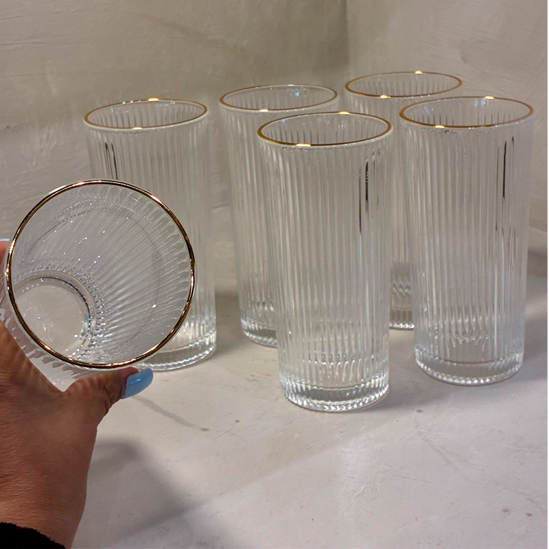 6 Vasos Vidrio Acanalado Borde Dorado 335ml Para Bebidas