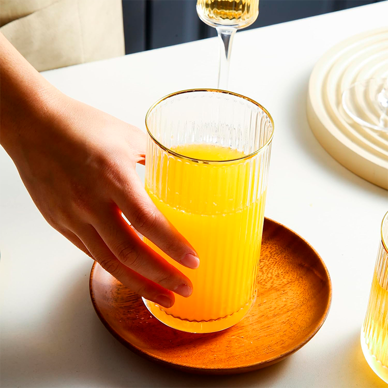 6 Vasos Vidrio Acanalado Borde Dorado 335ml Para Bebidas